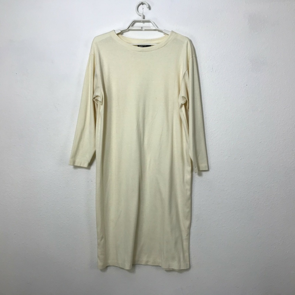 Vintage 1980s Ivory Dress Size L Shift Long Sleeve Cotton Blend Womens